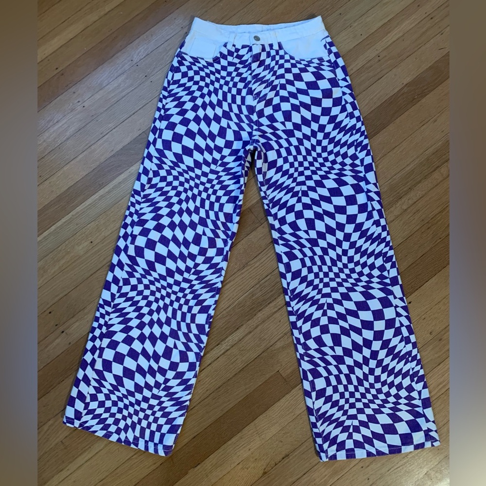 EUC SHEIN PURPLE/IVORY CHECKERED HI-RISE WIDE FLARED LEG 5 POCKET JEANS SIZE S/4